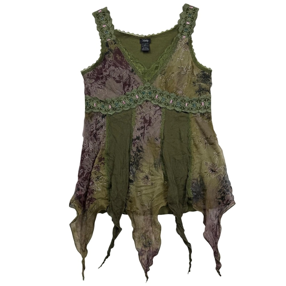 Y2K Vanity Fairycore Silk Lace Handkerchief Babydoll Top Olive Green Whimsigoth